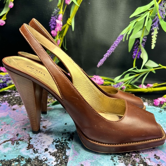 Prada Shoes - PRADA Peep-Toe Sling-Back Brown Leather Heels